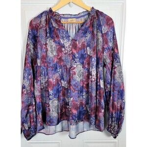 Elie Tahari Pleated Floral Long Sleeve Top Size L